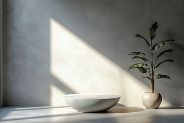 Poster - Minimalist studio setup with a round display stand and a potted plant, bathed in sunlight.