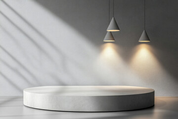 Poster - Minimalist studio scene with a round concrete podium and three hanging pendant lamps, casting soft light.
