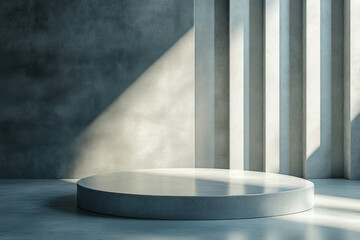 Wall Mural - Minimalist concrete podium in sunlit modern interior, ideal for product display.