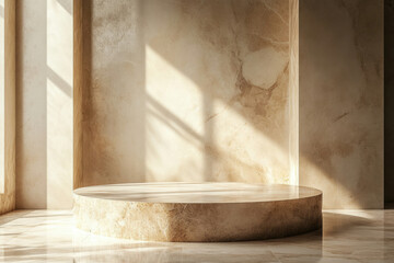 Poster - A sunlit, minimalist beige marble display platform in a modern room.