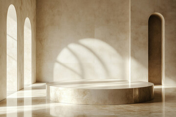 Poster - Minimalist beige room with arched windows and a round pedestal, bathed in sunlight.