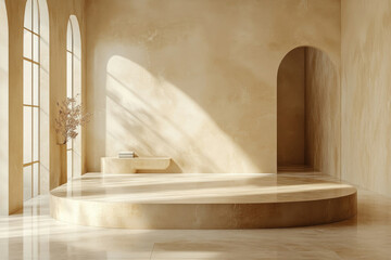 Poster - Minimalist beige interior with arched windows, a circular platform, and subtle sunlight.