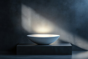 Poster - A minimalist white basin sits on a dark platform against a textured wall, illuminated by a soft light.