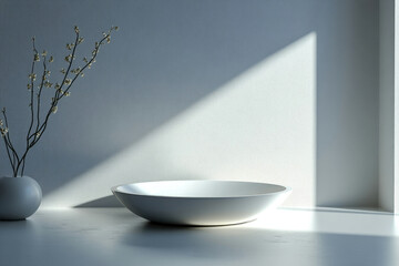 Poster - Minimalist interior scene featuring a white bowl, a flowering branch in a vase, and sunlight illuminating a white wall.