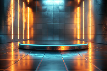 Poster - Futuristic metallic platform illuminated by vibrant orange and blue neon lights.