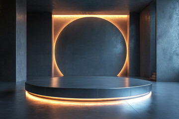 Poster - A minimalist circular stage with warm light accents, set against a dark grey concrete backdrop.
