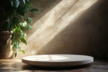 Poster - A sunlit, rustic scene features a round stone platform, perfect for product display, next to a potted plant.