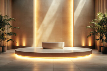 Poster - Minimalist interior design with a circular platform, illuminated, showcasing a zen-like atmosphere.