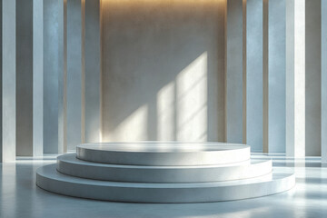 Poster - Minimalist, three-tiered circular platform in a sunlit, modern space with columns.