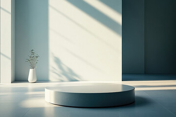 Poster - Minimalist interior scene with a round concrete podium, plant, and sunlit wall.