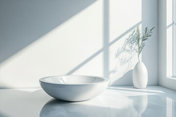 Poster - Minimalist bathroom design featuring a sleek white basin and a vase with branches, bathed in sunlight.