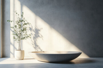 Poster - Minimalist interior design featuring a concrete bathtub, a potted plant, and sunlight streaming through a window.