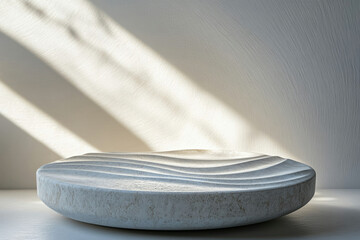 Poster - A minimalist, textured, wave-patterned platform bathed in sunlight against a neutral backdrop.