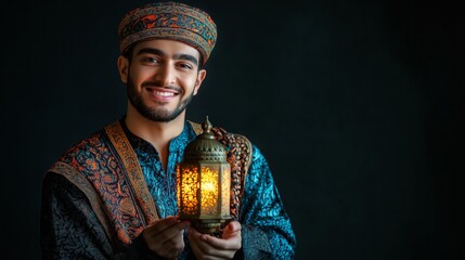 Poster - A young man in traditional attire holds a beautifully designed Arabic lantern, casting a warm glow and enchanting patterns against the dark backdrop, ideal for night festivities