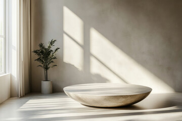 Poster - Minimalist interior scene with sunlit stone podium, plant, and neutral tones.