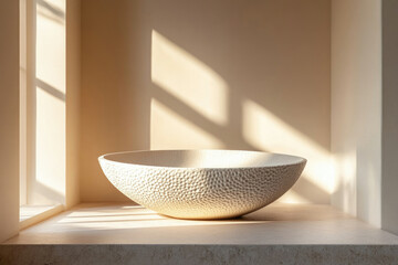 Poster - A textured, off-white bowl sits on a light beige surface, bathed in warm sunlight.