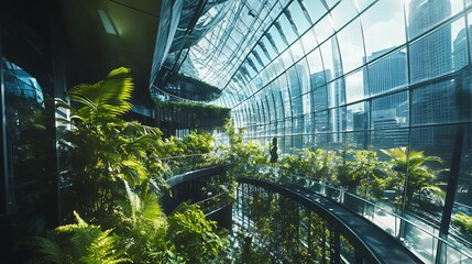 Wall Mural - Lush Green Oasis in Modern Glass Architecture Surrounded by Urban Scenery Reflecting Sunlight in a Serene Atmosphere