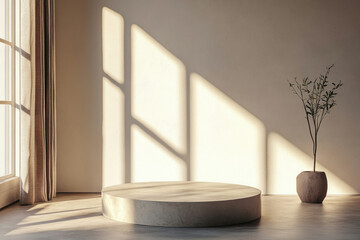 Poster - Minimalist room with sunlit concrete podium, plant, and beige curtain.