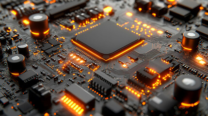 Poster - Closeup of a circuit board with glowing orange components, showcasing intricate details and technological power.