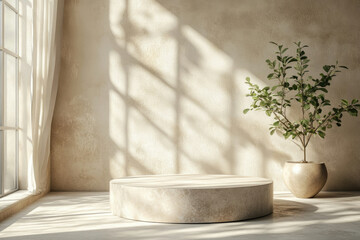 Poster - Minimalist studio setup with a beige cylindrical podium, plant, and sunlight streaming through sheer curtains.