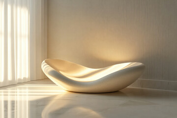 Poster - A modern, minimalist beige bathtub sits in a sunlit corner of a room with marble floors and sheer curtains.