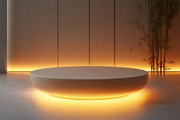Poster - Illuminated round platform with warm light, minimalist zen aesthetic, bamboo backdrop.