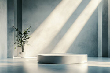 Poster - Minimalist room with a round pedestal, sunlight streaming through, and a potted plant.