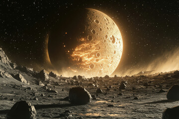 a cratered, glowing celestial body dominates a rocky, desolate alien landscape under a starry sky.