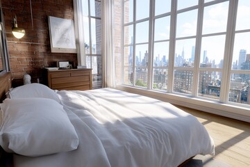 Poster - Modern bedroom with city view, ideal for interior design inspiration