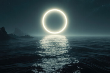 Poster - A luminous ring hovers over a tranquil ocean at night, casting a serene glow on the water's surface.