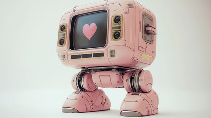 A full-body pink vintage-style girl robot toy, designed like an old computer, with a glowing heart on its screen against a white background.