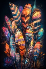 Wall Mural - A fantasy illustration made with image technology, showcasing a background teeming with colorful feathers and adorned with colored plumage