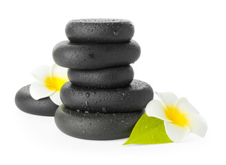 Wall Mural - Wet spa stones with flowers and leaf isolated on white