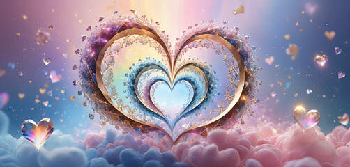 Poster - Vibrant heart shapes interlace within soft pastel clouds, radiating warmth and joy. The ethereal background features a blend of light and pastel hues, enhancing the enchanting vibe