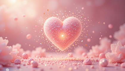 Poster - A delicate pink heart, exquisitely textured, radiates light surrounded by shimmering particles and pastel flowers, evoking feelings of love and joy for special occasions