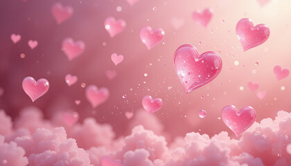 Poster - Delicate pink hearts gently hover above soft, fluffy clouds in a whimsical setting. Light shines through, creating a tranquil and romantic atmosphere reminiscent of a dreamy afternoon