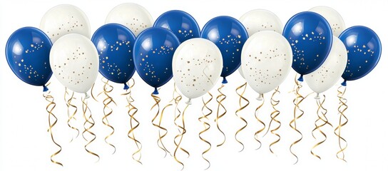 Sticker - A festive scene with blue and white balloons and golden streamers, all on a light gray backdrop.