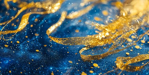 Poster - A festive New Year's scene with golden glitter and fireworks, shiny confetti, blurred light bokeh, and golden streamers on a blue backdrop.