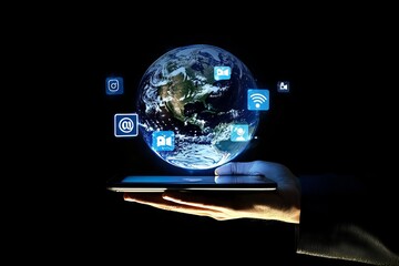 Wall Mural - a hand holding a tablet in front of a grey background, featuring a 3d transparent hologram of the ea