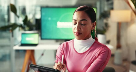 Aufkleber - Creative, serious and woman with tablet, talent and stylus for web design, illustration and project. Office, graphic designer and person with skills for business, planning and artist with app