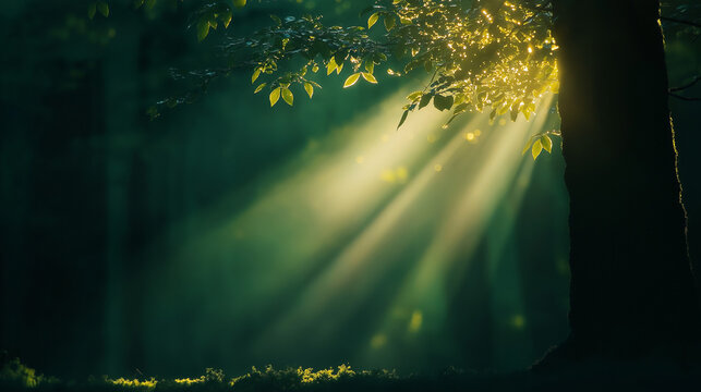 erleuchtet von sonnenstrahlen: majestätischer baum im tiefen wald