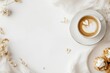 © Odrua Design - Xícara de café elegante com detalhes dourados, acompanhada de doces e decorações festivas em fundo branco, criada com IA generativa para um visual sofisticado e convidativo