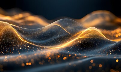 Poster - Abstract golden flowing waves on a dark background with scattered particles