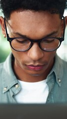 Poster - Glasses, laptop and journalist in office, man editing news draft and email source to verify story. Closeup, publishing agency and online for column research, proofreading and reporter for spell check