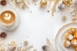 © Odrua Design - Xícara de café elegante com detalhes dourados, acompanhada de doces e decorações festivas em fundo branco, criada com IA generativa para um visual sofisticado e convidativo