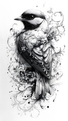 Wall Mural - Black floral bird white illustration high resolution hd photo