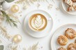 © Odrua Design - Xícara de café elegante com detalhes dourados, acompanhada de doces e decorações festivas em fundo branco, criada com IA generativa para um visual sofisticado e convidativo