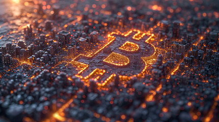 A Bitcoin symbol glows gold on a burnt-out city-shaped chip.