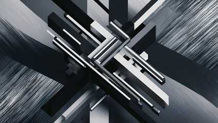Poster - A Complex 3D Geometric Shape With a Black White Dark Silver and Gray Color Abstract Background - Digital Art