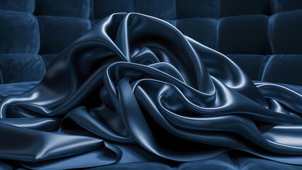 Poster - A Stunning 3D Illustration Featuring Navy Blue Silk Satin Showcasing Its Smooth Shiny Texture Background - Digital Art